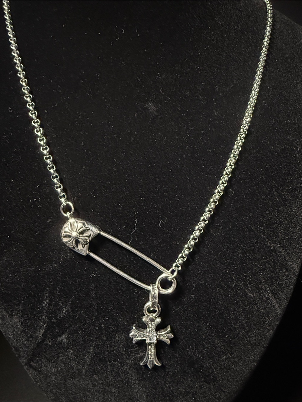 Silver Safety Pin Necklace with Cross Charm - Silver